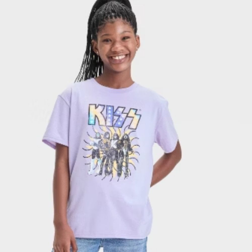 KISS Girls Oversized Graphic T-Shirt Lilac Purple Small Band Top Shirt Concert